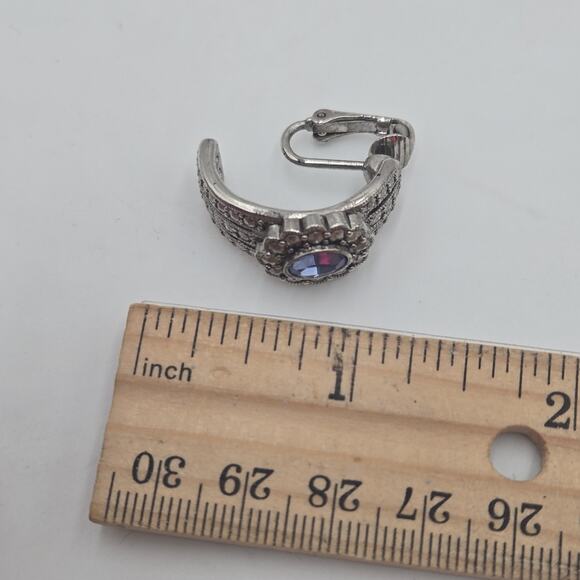 Vintage Avon Silver Tone Half Hoop Blue Jewel Faux Marcasite Clip On Earrings - Picture 5 of 5